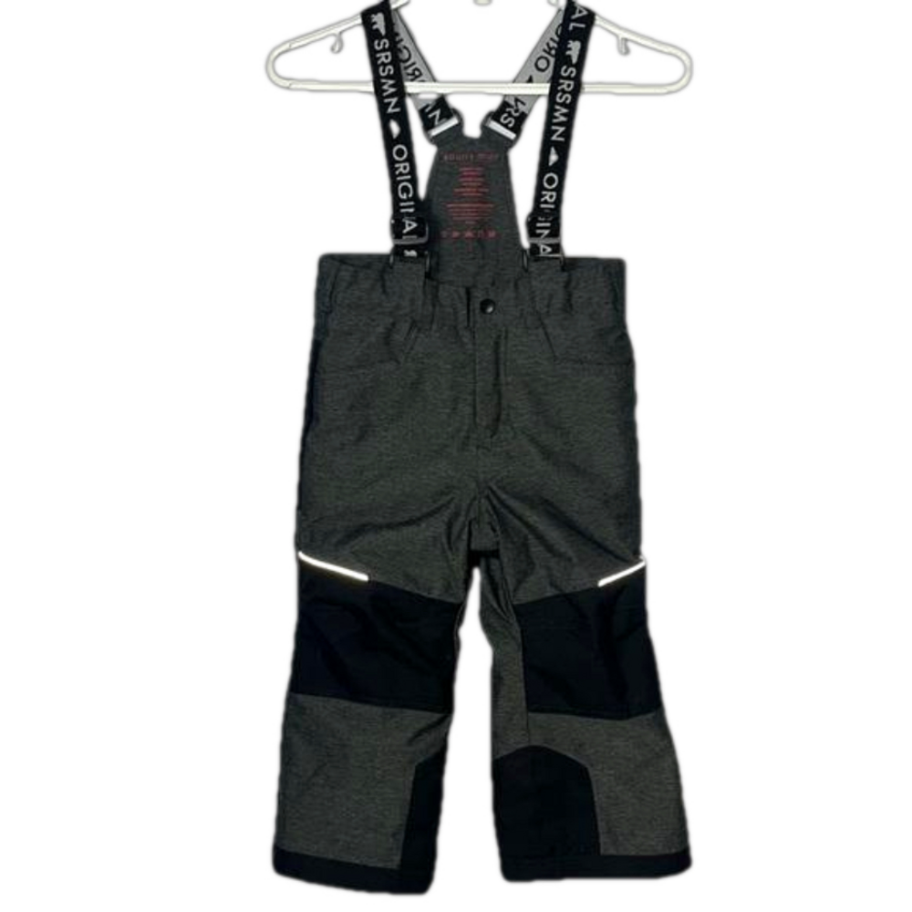 Kids Gray Snow Pants with Black Reinforced Knees and Adjustable Suspenders